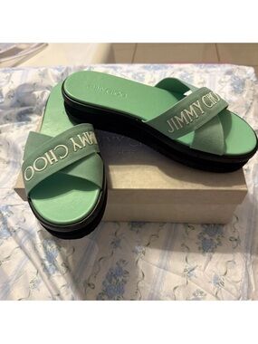 Jimmy Choo Joy Flat Sandals 41 US 9.5-10 Miami Mint Worn Once slides